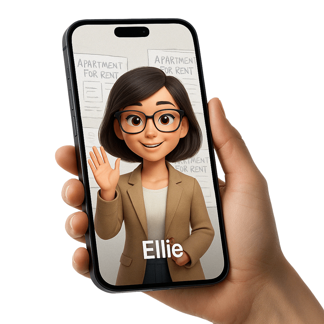 A hand is holding a smartphone displaying Ellie waving