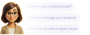 Ellie avatar with three chat bubbles, each containing a question related to renting