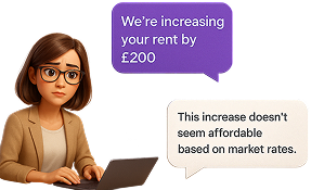 Ellie sitting at a laptop with a concerned expression with two chat bubbles