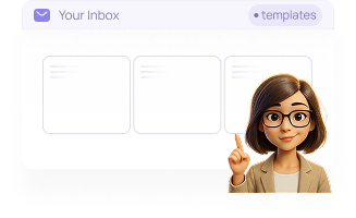 Ellie raising her finger next to an inbox interface with message templates.