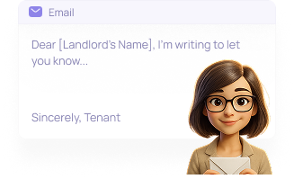 Ellie smiling and holding an envelope, next to an email template addressed to a landlord.